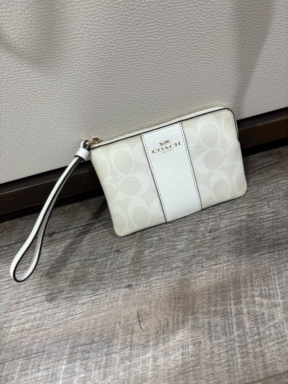 Coach Cream Signature Stripe Wristlet Clutch